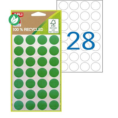 APLI Pastilles adhésives recyclées Ø 15 mm - 101782 - Pochette de 168 - Vert - 1