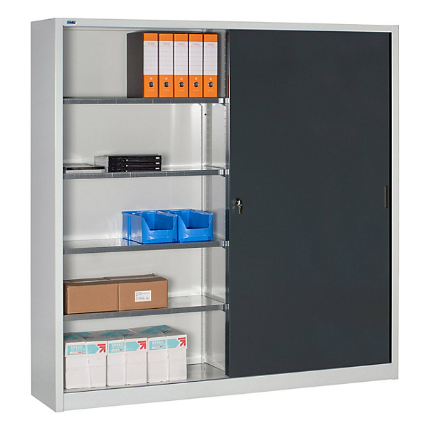 Armadio ad ante scorrevoli con serratura e divisorio centrale, 8 ripiani regolabili, 200 x 45 x 200 cm, Struttura Grigio chiaro, Ante Grigio Antracite