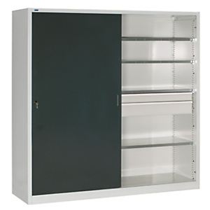 Armadio ad ante scorrevoli con serratura e divisorio centrale, 8 ripiani regolabili, 4 cassetti, 200 x 60 x 200 cm, Struttura Grigio chiaro, Ante Grigio Antracite Armadio ad ante scorrevoli con serratura e divisorio centrale, 8 ripiani regolabili, 4 cassetti, 200 x 60 x 200 cm, Struttura Grigio chiaro, Ante Grigio Antracite