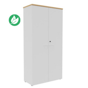 Armoire haute portes battantes L.100 x P.48 x H.203 cm - Corps Blanc - Top Hêtre Armoire haute portes battantes L.100 x P.48 x H.203 cm - Corps Blanc - Top Hêtre