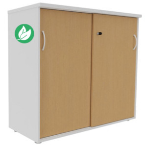 Armoire mi-hauteur portes coulissantes L.120 x P.48 x H.104 cm - Corps Blanc - Portes coulissante Hêtre Armoire mi-hauteur portes coulissantes L.120 x P.48 x H.104 cm - Corps Blanc - Portes coulissante Hêtre