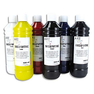 ART PLUS Coffret de 6 flacons de 500ml de peinture déco vitre, Blanc, Jaune, Rouge, Violet, Bleu, Vert