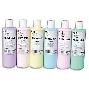 ART PLUS Lot de 6 flacons 250ml d'acrylique. Assortis pastel : Violet, Beige, Jaune, Bleu, Rose, Vert