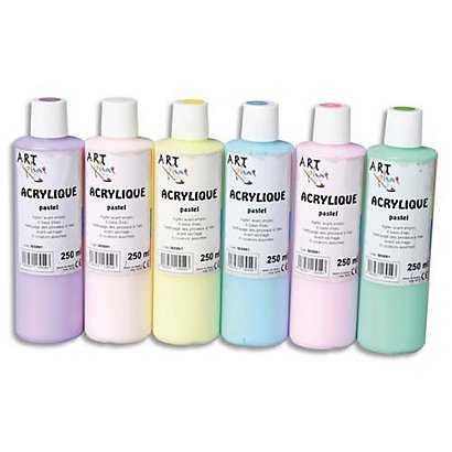 ART PLUS Lot de 6 flacons 250ml d'acrylique. Assortis pastel : Violet, Beige, Jaune, Bleu, Rose, Vert