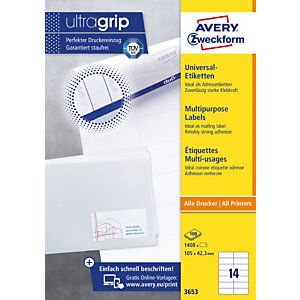 Avery 3653 Etiquettes multi-usage blanches imprimantes jet d'encre et laser 105 x 42,3 mm - 100 feuilles - 1400 étiquettes