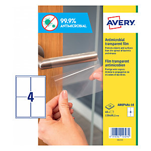 Avery Adhesivos antibacterianos de poliéster transparente, 139 x 99.1 mm, 4 adhesivos por hoja, permanente