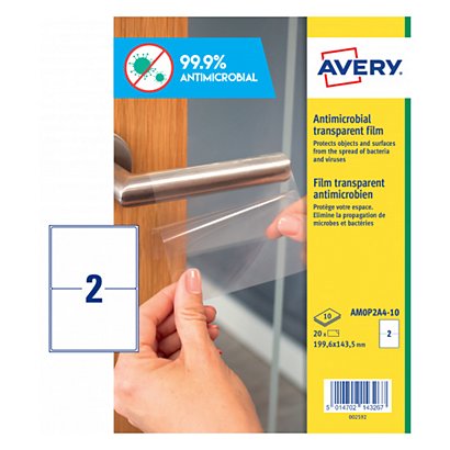 Avery Adhesivos antibacterianos de poliéster transparente, 199.6 x 143.5 mm, 2 adhesivos por hoja, permanente
