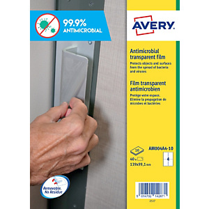Avery Adhesivos antibacterianos de poliéster transparente, 199.6 x 289.1 mm, no imprimibles, removibles Avery Adhesivos antibacterianos de poliéster transparente, 199.6 x 289.1 mm, no imprimibles, removibles
