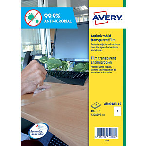 Avery Adhesivos antibacterianos de poliéster transparente, tamaño A3, no imprimibles, removibles