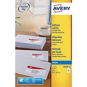 AVERY Adresetiket voor inkjetprinters, 63,5 x 38,1 mm, zelfklevend, 25 vellen, 21 etiketten per vel, wit