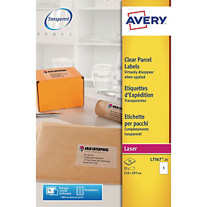AVERY Adresetiketten voor pakketten, voor laserprinters, 210 x 297 mm, 25 vellen, 1 etiket per vel, doorzichtig AVERY Adresetiketten voor pakketten, voor laserprinters, 210 x 297 mm, 25 vellen, 1 etiket per vel, doorzichtig