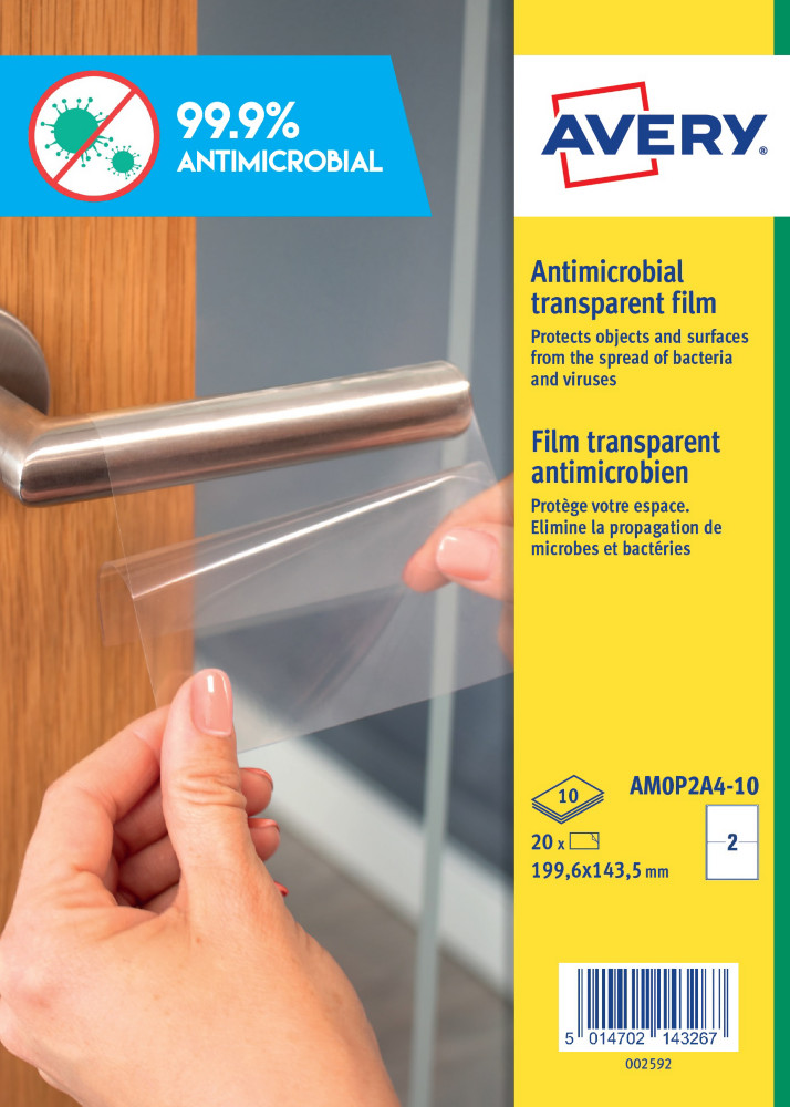 Avery AM0P2A4 Film antimicrobien transparent permanent 199,6 x 143,5 mm - Boîte de 20