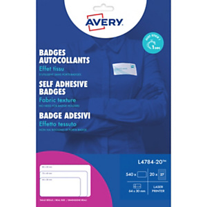 Avery Badge di identificazione autoadesivi in acetato effetto seta, Per stampanti laser, Riposizionabili, 63,5 x 29,6 mm, 20 fogli, 27 etichette per foglio, Bianco (confezione 540 pezzi) Avery Badge di identificazione autoadesivi in acetato effetto seta, Per stampanti laser, Riposizionabili, 63,5 x 29,6 mm, 20 fogli, 27 etichette per foglio, Bianco (confezione 540 pezzi)