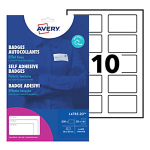 Avery Badges adhésifs en soie-acétate pour imprimantes laser, repositionnables, 80 x 50 mm, 20 feuilles, 10 étiquettes par feuille, blanc