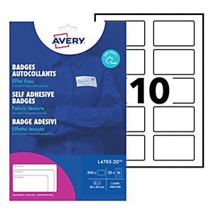 Avery Badges adhésifs en soie-acétate pour imprimantes laser, repositionnables, 80 x 50 mm, 20 feuilles, 10 étiquettes par feuille, blanc Avery Badges adhésifs en soie-acétate pour imprimantes laser, repositionnables, 80 x 50 mm, 20 feuilles, 10 étiquettes par feuille, blanc