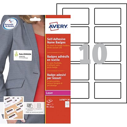Avery Badges adhésifs en soie-acétate pour imprimantes laser, repositionnables, 80 x 50 mm, 20 feuilles, 10 étiquettes par feuille, blanc - 1