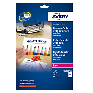 AVERY Biglietti da visita - 85 x 54 mm - 270 gr - effetto satinato - bianco - conf. 25 fogli da 10 biglietti AVERY Biglietti da visita - 85 x 54 mm - 270 gr - effetto satinato - bianco - conf. 25 fogli da 10 biglietti