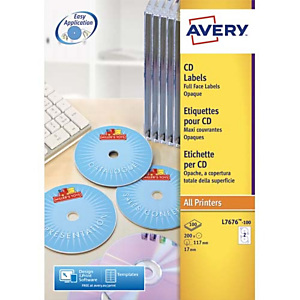AVERY Boîte de 200 étiquettes Laser monochrome pour CD et DVD L7676-100 AVERY Boîte de 200 étiquettes Laser monochrome pour CD et DVD L7676-100