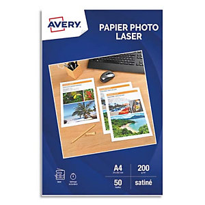 AVERY Boîte de 50 feuilles de papier photo brillant A4, Laser, 200 g. Impression recto-verso