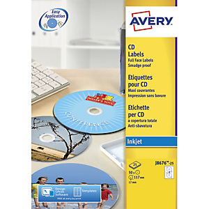 AVERY Boîte de 50 étiquettes jet d'encre monochrome pour CD et DVD J8676-25 AVERY Boîte de 50 étiquettes jet d'encre monochrome pour CD et DVD J8676-25