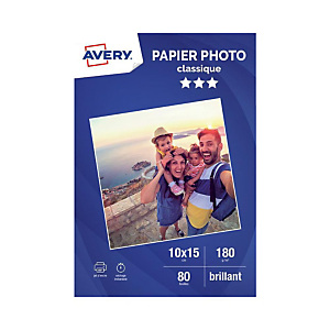 AVERY Boîte de 80 feuilles de papier photo brillant 10 x 15 cm, jet d'encre, 180 g/m² AVERY Boîte de 80 feuilles de papier photo brillant 10 x 15 cm, jet d'encre, 180 g/m²