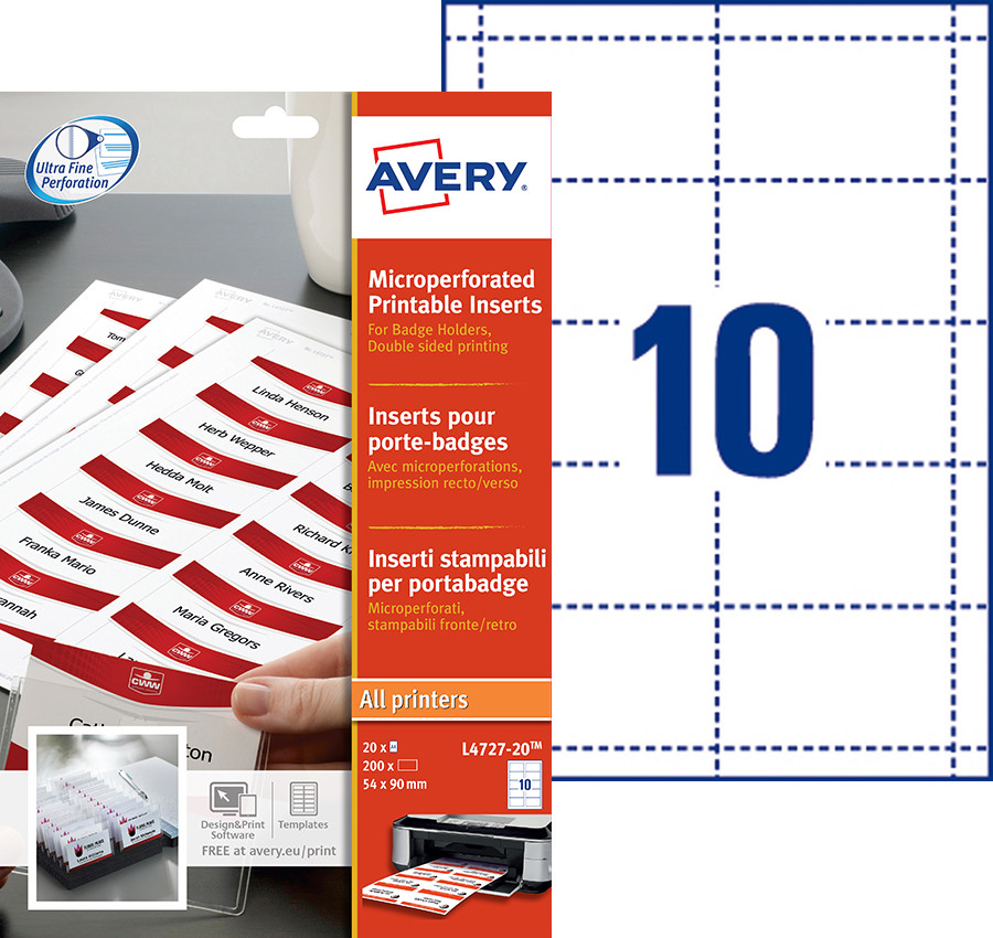Avery Bristols micro perforés pour badges 190/m² en planche A4 5,4 x 9 cm