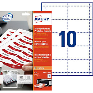 Avery Bristols micro perforés pour badges 190/m² en planche A4 5,4 x 9 cm