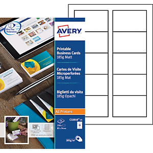 Avery C32010-25 - Cartes de visite blanches à bords micro perforés - 85 x 54 mm - Impression laser, jet d'encre, copieur Avery C32010-25 - Cartes de visite blanches à bords micro perforés - 85 x 54 mm - Impression laser, jet d'encre, copieur