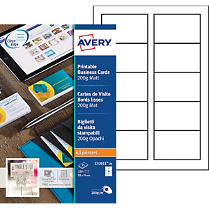 Avery C32011-25 - Cartes de visite blanches à bords lisses 85 x 54 mm - Impression laser, jet d'encre, copieur Avery C32011-25 - Cartes de visite blanches à bords lisses 85 x 54 mm - Impression laser, jet d'encre, copieur