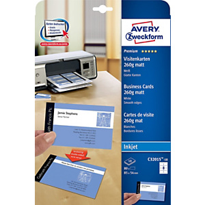 Avery C32015-10 - Cartes de visite blanches à bords lisses - 85 x 54 mm - Impression jet d'encre Avery C32015-10 - Cartes de visite blanches à bords lisses - 85 x 54 mm - Impression jet d'encre