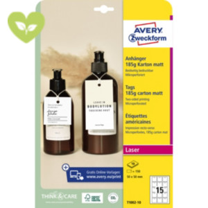 AVERY Cartellini con foro e cordoncino, Cartoncino 185 g/m², 5 x 5 cm, 15 cartellini per foglio, Bianco (confezione 10 fogli) AVERY Cartellini con foro e cordoncino, Cartoncino 185 g/m², 5 x 5 cm, 15 cartellini per foglio, Bianco (confezione 10 fogli)