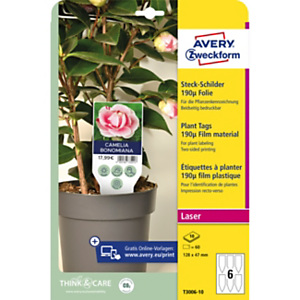 AVERY Cartellini per terreno e piante con cordoncino, Plastica ultraresistente 190 micron, 12,8 x 4,7 cm, 6 cartellini per foglio, Bianco (confezione 10 fogli) AVERY Cartellini per terreno e piante con cordoncino, Plastica ultraresistente 190 micron, 12,8 x 4,7 cm, 6 cartellini per foglio, Bianco (confezione 10 fogli)