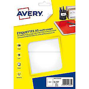 Avery ETE002 Etiquettes multi-usages 80 x 140 mm - Boîte de 32 - 16 Planches A5 - Blanches