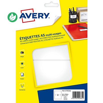 Avery ETE002 Etiquettes multi-usages blanches 80 x 140 mm - Boîte de 32
