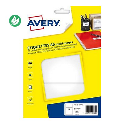 Avery ETE003 Etiquettes multi-usages blanches 64 x 133 mm - Boîte de 48