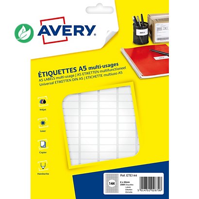 Avery ETE144 Etiquettes multi-usages blanches 8 x 20 mm - Boîte de 2304
