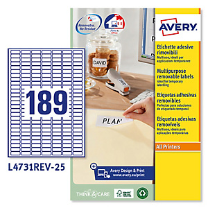 AVERY Etichetta adesiva L4731REV - rimovibile - adatta a stampanti laser - 25,4x10 mm - 18 etichette per foglio - bianco - Avery - conf. 25 fogli A4 AVERY Etichetta adesiva L4731REV - rimovibile - adatta a stampanti laser - 25,4x10 mm - 18 etichette per foglio - bianco - Avery - conf. 25 fogli A4