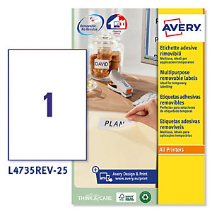 AVERY Etichetta adesiva L4735REV - rimovibile - 210x297 mm - 1 etichetta per foglio - bianco  - conf. 25 fogli A4