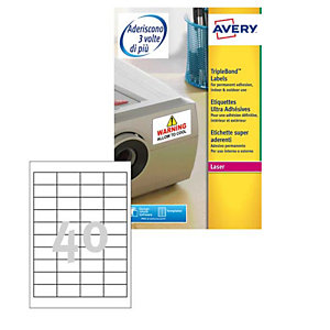 AVERY Etichette adesive extra strong L6140 - in poliestere - laser - permanenti - 45,7 x 25,4 mm - 40 et/fg - 20 fogli - bianco