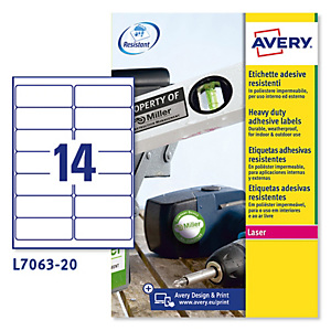 AVERY Etichette adesive extra strong L7063 - in poliestere - laser - permanenti - 99,1 x 38,1 mm - 14 et/fg - 20 fogli - bianco AVERY Etichette adesive extra strong L7063 - in poliestere - laser - permanenti - 99,1 x 38,1 mm - 14 et/fg - 20 fogli - bianco