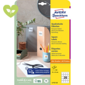 Avery Etichette adesive in carta coprente per stampa QR code, 45 x 45 mm, 25 fogli, 20 etichette per foglio, Autoadesive, Bianco Avery Etichette adesive in carta coprente per stampa QR code, 45 x 45 mm, 25 fogli, 20 etichette per foglio, Autoadesive, Bianco