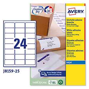 AVERY Etichette adesive J8159 - in carta - angoli arrotondati - inkjet - permanenti - 63,5 x 33,9 mm - 24 et/fg - 25 fogli - bianco