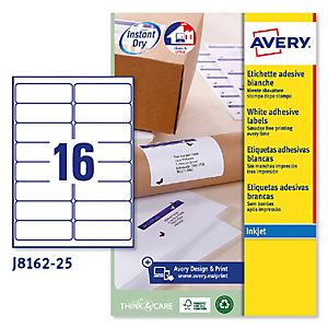 AVERY Etichette adesive J8162 - in carta - angoli arrotondati - inkjet - permanenti - 99,1 x 33,9 mm - 16 et/fg - 25 fogli - bianco AVERY Etichette adesive J8162 - in carta - angoli arrotondati - inkjet - permanenti - 99,1 x 33,9 mm - 16 et/fg - 25 fogli - bianco