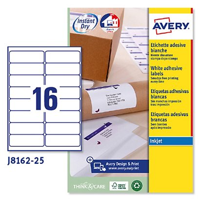 AVERY Etichette adesive J8162 - in carta - angoli arrotondati - inkjet - permanenti - 99,1 x 33,9 mm - 16 et/fg - 25 fogli - bianco - 1