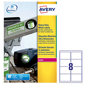 AVERY Etichette adesive L4715 - in poliestere - laser - permanenti - 99,1 x 67,7 mm - 8 et/fg - 20 fogli - bianco AVERY Etichette adesive L4715 - in poliestere - laser - permanenti - 99,1 x 67,7 mm - 8 et/fg - 20 fogli - bianco