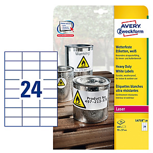 AVERY Etichette adesive L4718 - in poliestere - laser - permanenti - 70 x 37 mm - 24 et/fg - 20 fogli - bianco AVERY Etichette adesive L4718 - in poliestere - laser - permanenti - 70 x 37 mm - 24 et/fg - 20 fogli - bianco