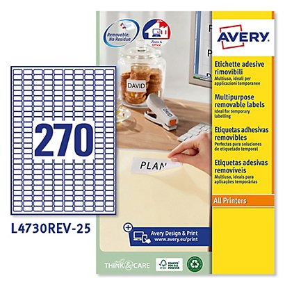 AVERY Etichette adesive L4730REV - in carta - angoli arrotondati - rimovibili - 17,8 x 10 mm - 270 et/fg - 25 fogli - bianco - 1