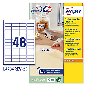 AVERY Etichette adesive L4736REV - in carta - angoli arrotondati - rimovibili - 45,7 x 21,2 mm - 48 et/fg - 25 fogli - bianco AVERY Etichette adesive L4736REV - in carta - angoli arrotondati - rimovibili - 45,7 x 21,2 mm - 48 et/fg - 25 fogli - bianco