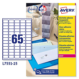 AVERY Etichette adesive L7551 - in poliestere - laser - permanenti - 38,1 x 21,2 mm - 65 et/fg - 25 fogli - trasparente AVERY Etichette adesive L7551 - in poliestere - laser - permanenti - 38,1 x 21,2 mm - 65 et/fg - 25 fogli - trasparente