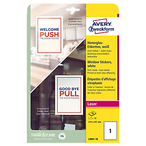 AVERY Etichette adesive per finestre - in carta - con pellicola - laser - rimovibili - 210 x 297 mm - 1et/fg - 10 fogli - bianco AVERY Etichette adesive per finestre - in carta - con pellicola - laser - rimovibili - 210 x 297 mm - 1et/fg - 10 fogli - bianco